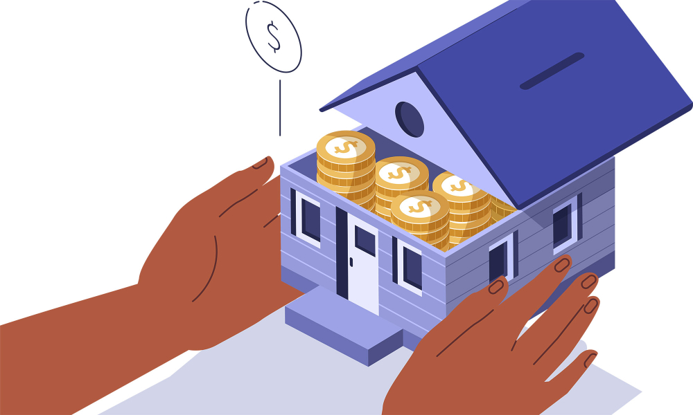 Character Hands Holding Home full of Money. People Invest Money in Real Estate Property. House Loan, Rent and Mortgage Concept. Flat Isometric Vector Illustration.