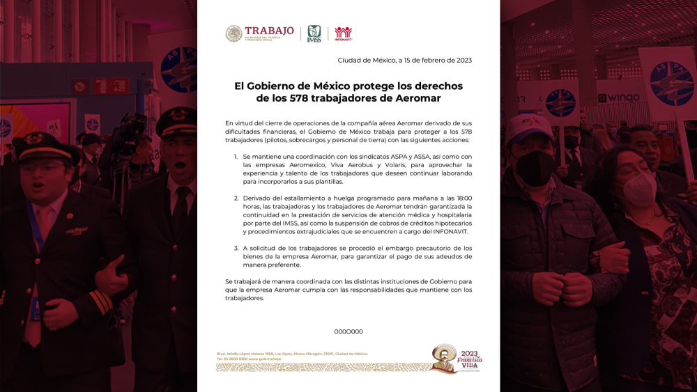 Comunicado de la STPS respecto al cese de operaciones de Aeromar. Foto: Especial