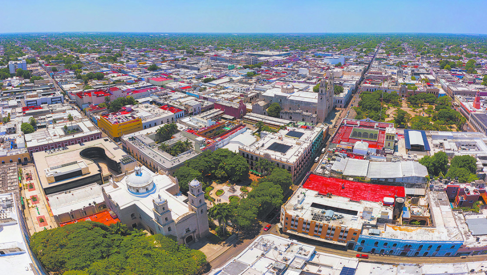 Panoramic aerial view of the colonial streets in the center of Merida