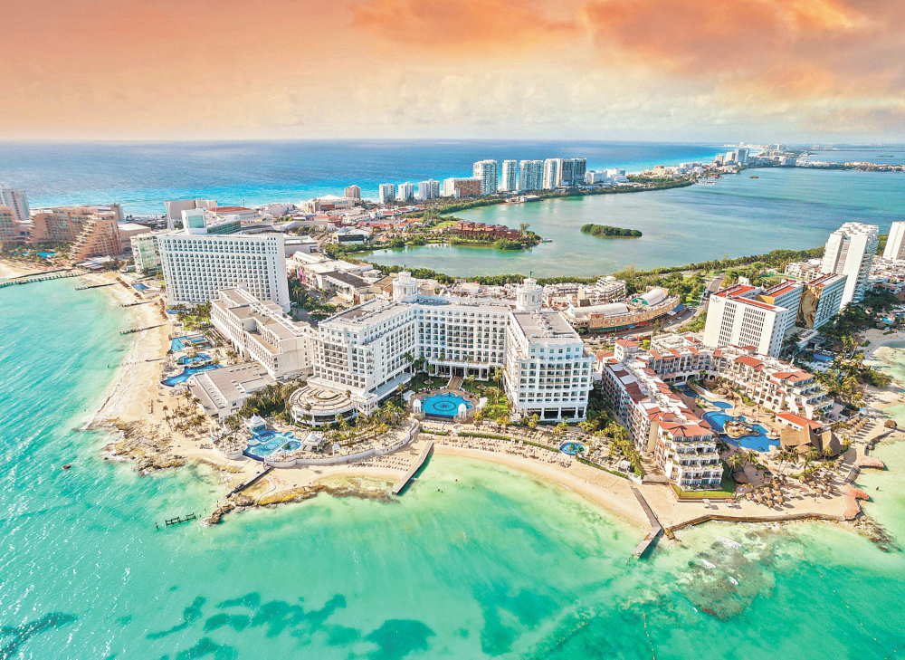 View of beautiful Hotels in the hotel zone of Cancun at sunset. Riviera Maya region in Quintana roo on Yucatan Peninsula