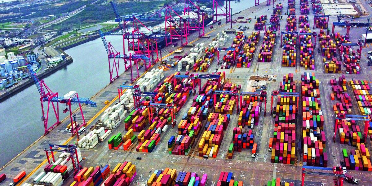 Aerial view showing containers in the port of Buenos Aires on the Rio de la Plata river.