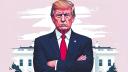 donald trump standing with his arms crossed in front of his chest, with the white house in the background, flat design, grunge