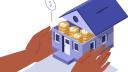Character Hands Holding Home full of Money. People Invest Money in Real Estate Property. House Loan, Rent and Mortgage Concept. Flat Isometric Vector Illustration.