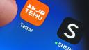 TEMU and SHEIN apps seen on the screen of smartphone and finger pointing at one of them. Temu app and Shein app are chinese budget shopping platforms. Stafford, United Kindom, May 2, 2023