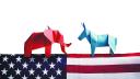 Paper cut out of Democratic Blue Donkey and Republican red elephant over the American flag, origami Political Donkey And Elephant Symbols, American flag, Republican vs Democrat, Election Day, vote