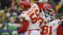 PITTSBURGH, PENNSYLVANIA - DECEMBER 25: George Karlaftis #56 and Felix Anudike-Uzomah #97 of the Kansas City Chiefs react during the fourth quarter against the Pittsburgh Steelers at Acrisure Stadium on December 25, 2024 in Pittsburgh, Pennsylvania.   Justin K. Aller/Getty Images/AFP (Photo by Justin K. Aller / GETTY IMAGES NORTH AMERICA / Getty Images via AFP)