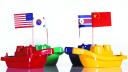 four ships with the flags of united states, russia, north and south korea, concept like border conflict, war or peace with protecting power