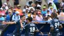 Pachuca's Argentine forward #32 Gaston Togni (L) celebrates with teammates after scoring during the Liga MX Apertura football match between Pumas and Pachuca at the Olimpico Universitario Stadium in Mexico City on July 20, 2025. (Photo by YURI CORTEZ / AFP)