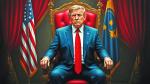 Donald Trump as a king sitting on a throne with the whole planet earth at his feet.