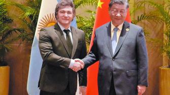 Argentina's President Javier Milei and his Chinese counterpart, Xi Jinping shake hands on the sidelines of the G20 summit, in Rio de Janeiro, Brazil, November 19, 2024. Argentine Presidency/Handout via REUTERS    THIS IMAGE HAS BEEN SUPPLIED BY A THIRD PARTY