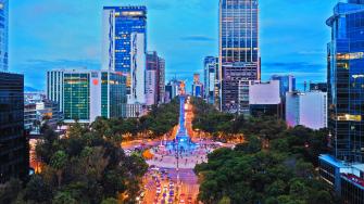 Mexico City, CDMX, Mexico, OCTOBER, 16 2021, Aerial image of The Angel of Independence, one of the most famous roundabouts in Mexico