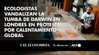 Activistas del grupo ecologista Just Stop Oil vandalizaron este lunes con un grafiti naranja la tumba del famoso naturalista Charles Darwin, en la Abadía de Westminster, en Londres, para denunciar la inacción política frente al calentamiento global.