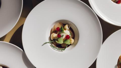 A white plate filled with a delicious dish with vegetables on the table