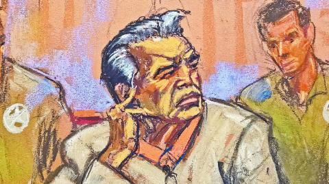 Accused Mexican kingpin Ismael "El Mayo" Zambada listens to the court interpreter as he holds his earpiece as the judge questions him about possible attorney conflicts during a hearing at court in New York, U.S., January 15, 2025 in this courtroom sketch.  REUTERS/Jane Rosenberg