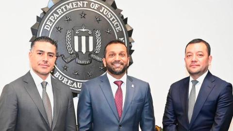 Omar García Harfuch, secretario de Seguridad Ciudadana; Kash Patel, director del Buró Federal de Investigaciones de Estados Unidos y  Francisco Almazán Barocio, director del Centro Nacional de Inteligencia.