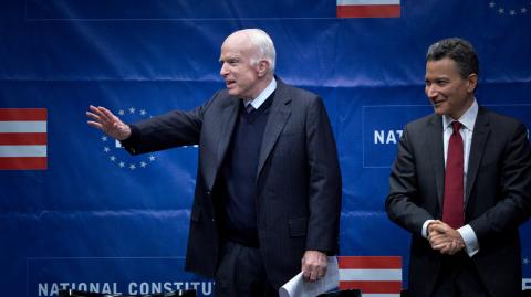 U.S. Senator McCain waves to the crowd before being awarded the 2017 Liberty Medal at the Independence Hall in Philadelphia