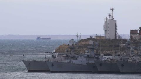 Warships of Ukrainian navy’s fleet, which remained in Crimea after it was annexed by Russia from Ukraine in 2014, moor at Streletskaya Bay in the Black Sea port of Sevastopol