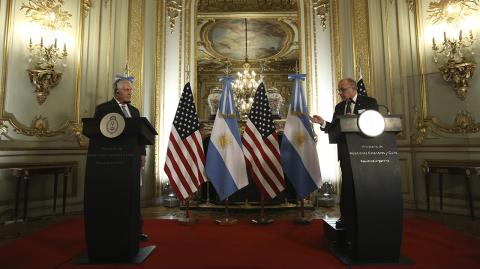 Rex Tillerson - U.S. Secretary of State Rex Tillerson, left, and Argentine Foreign Minister Jorge Faurie give a news conference at the Foreign Ministry in Buenos Aires, Argentina, Sunday, Feb. 4, 2018. Tillerson is on a weeklong trip to Latin America. (AP Photo/Sebastian Pani)