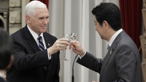 Mike Pence,Shinzo Abe - U.S. Vice President Mike Pence, left, makes a toast with Japan