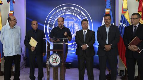 Julio Borges, lawmaker of the Venezuelan coalition of opposition parties (MUD), and members of Venezuela