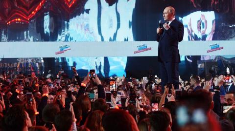 Russian President Vladimir Putin gestures while speaking at a youth forum "Russia, Land of Opportunity" in Moscow, Russia, Thursday, March 15, 2018. (Alexei Nikolsky, Sputnik, Kremlin Pool Photo via AP) - POOL PHOTO