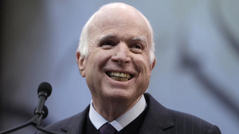 FILE - In this Oct. 16, 2017, file photo Sen. John McCain, R-Ariz., receives the Liberty Medal from the National Constitution Center in Philadelphia. (AP Photo/Matt Rourke, File) - A OCT. 16, 2017, FILE PHOTO