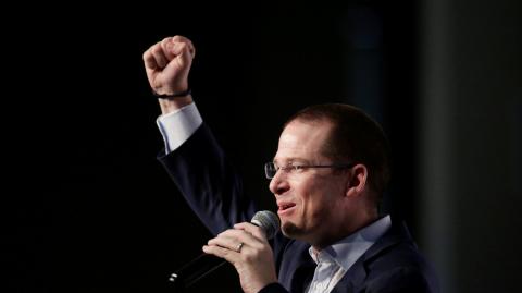 Ricardo Anaya, presidential candidate for the PAN addresses the audience during a meeting with business people in Monterrey