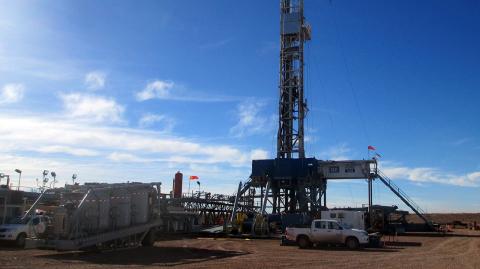 A drilling rig is seen in the Loma Campana Vaca Muerta shale oil and gas drilling site, own by Argentina