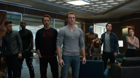 This image released by Disney shows, from left, Jeremy Renner, Don Cheadle, Robert Downey Jr., Chris Evans, Karen Gillan, the character Rocket, voiced by Bradley Cooper, Paul Rudd and Scarlett Johansson in a scene from "Avengers: Endgame." (Disney/Marvel Studios via AP) - AP PROVIDES ACCESS TO THIS THIRD PARTY PHOTO SOLELY TO ILLUSTRATE NEWS REPORTING OR COMMENTARY ON FACTS DEPICTED IN IMAGE; MUST BE USED WITHIN 14 DAYS FROM TRANSMISSION; NO ARCHIVING; NO LICENSING; MANDATORY CREDIT.