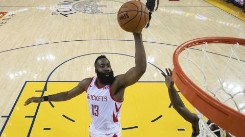 NBA: Playoffs-Houston Rockets at Golden State Warriors - April 30, 2019; Oakland, CA, USA; Houston Rockets guard James Harden (13) shoots the basketball against the Golden State Warriors during the second half in game two of the second round of the 2019 NBA Playoffs at Oracle Arena. The Warriors defeated the Rockets 115-109. Mandatory Credit: Kyle Terada-USA TODAY Sports