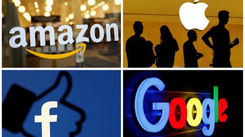 The logos of Amazon, Apple, Facebook and Google are seen in a combination photo from Reuters files.    REUTERS/File Photos