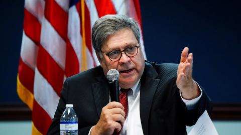 FILE PHOTO: U.S. Attorney General William Barr participates in a roundtable discussion about human trafficking at the U.S. Attorney's Office in Atlanta, Georgia, U.S., September 21, 2020. REUTERS/Elijah Nouvelage/File Photo-NARCH/NARCH30