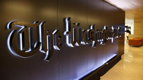 FILE PHOTO: Newspaper banner logo is seen during grand opening of Washington Post in Washington