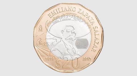 Moneda de 20 pesos, conmemorativa del centenario de la muerte del general Emiliano Zapata Salazar. Foto: Banxico.