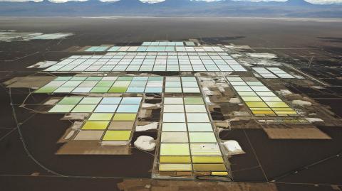 FILE PHOTO: An aerial view shows the brine pools and processing areas of the SQM lithium mine on the Atacama salt flat, in the Atacama desert of northern Chile