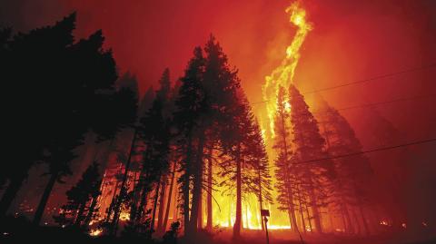 FILE PHOTO: Flames leap above trees in the Caldor Fire near Phillips