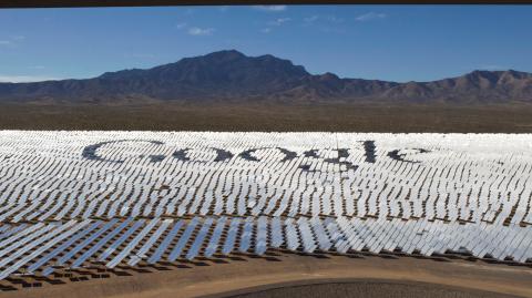 FILE PHOTO: The Google logo is spelled out in heliostats during a tour of the Ivanpah Solar Electric Generating System in the Mojave Desert near the California-Nevada border