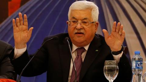 Palestinian president Mahmud Abbas gestures as he delivers a speech in the West Bank city of Ramallah on January 28, 2020, following the announcement by US President Donald Trump of the Mideast peace plan. (Photo by ABBAS MOMANI / AFP)