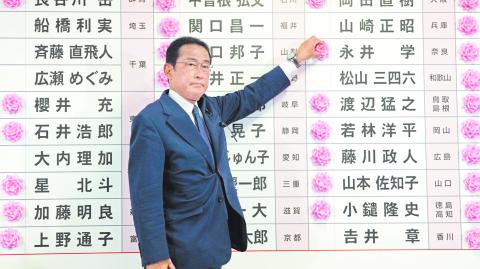 El primer ministro Fumio Kishida coloca una rosa en el nombre de un candidato de su partido que ganó ayer en las elecciones para senadores. Foto: Reuters