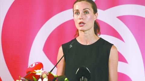 Finnish Prime Minister Sanna Marin gives a speech during a meeting of Social Democratic Party in Lahti