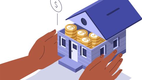 Character Hands Holding Home full of Money. People Invest Money in Real Estate Property. House Loan, Rent and Mortgage Concept. Flat Isometric Vector Illustration.