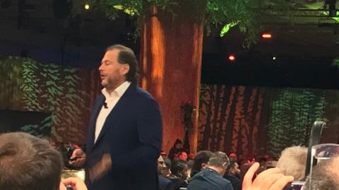 Marc Benioff, director ejecutivo y fundador de Salesforce durante la conferencia inaugural de Dreamforce 2022. Foto EE: Rodrigo Riquelme