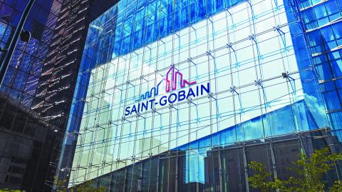 Paris, France - May 2022 : Saint-Gobain logo on the front of the headquarters building of the French company in La Defense, Paris