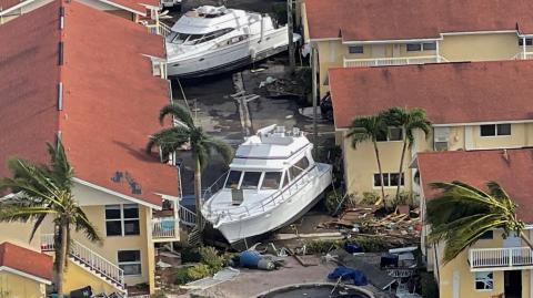 An aerial view of damaged boats after Hurricane Ian caused widespread destruction in Fort Myers