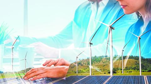 Double exposure graphic of business people working over wind turbine farm and green renewable energy worker interface. Concept of sustainability development by alternative energy.