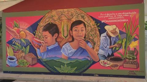 Mural de la artista Ana Xhopa para promover la alimentación saludable, en el preescolar Doña Josefa Ortíz de Domínguez, Zaachila, Oaxaca. Foto: Cortesía #OaxacaSinChatarra