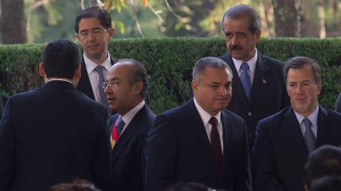 Dionisio Perez-Jacome; exsecretario de Comunicaciones y Transporte; Felipe Calderon Hinojosa, expresidente de México; Genaro Garcia Luna, exsecretario de Seguridad Pública; José Ángel Cordova Villalobos, exsecretario de Educación Pública y José Antonio Meade Kuribreña; excandidato a la Presidencia. Foto: Cuartoscuro