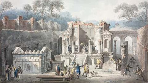 El Templo de Isis en Pompeya. Grabado realizado por Francesco Piranesi, coloreado a mano por Louis Jean Desprez, 1788. The Cleveland Museum of Art., CC BY-SA