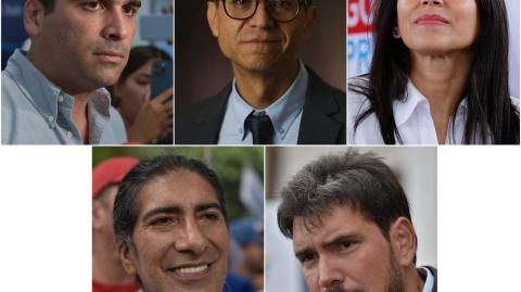 Candidatos presidenciales ecuatorianos: Otto Sonnenholzner, Christian Zurita, Luisa González, Yaku Pérez, y Jan Topic. Foto: Reuters