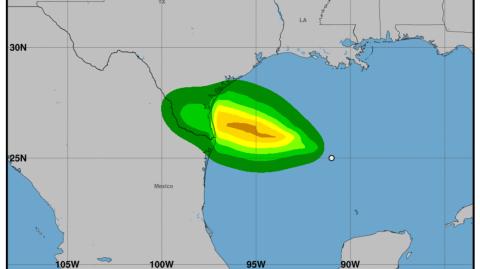 Depresión Tropical Nueve, se situaba a unos 600 kilómetros al este-sureste de Port Mansfield, en Texas, gráficas de probabilidad de velocidad del viento del Centro Nacional de Huracanes. Imagen: Cortesía CNH